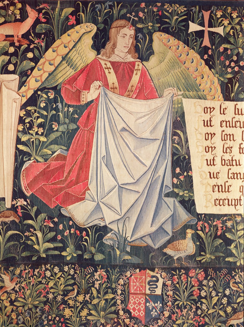 Anjo segurando a mortalha, detalhe de The Angels Bearing Instruments of the Passion de French School