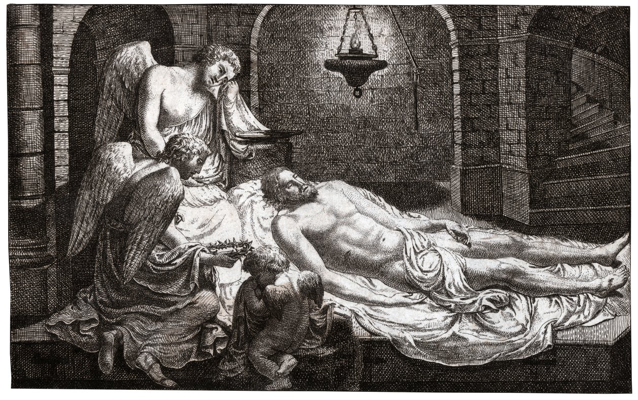 Anjos à volta de Jesus. (gravura de French School