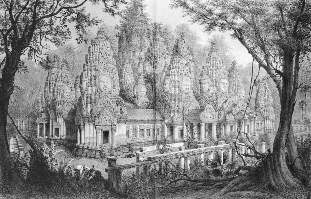 Angkor, Baion Ruins, ilustração do Atlas da viagem de exploração na Indochina, 1866-68 por Doudart de Lagree, publicado em 1873, Paris, Hachette de French School