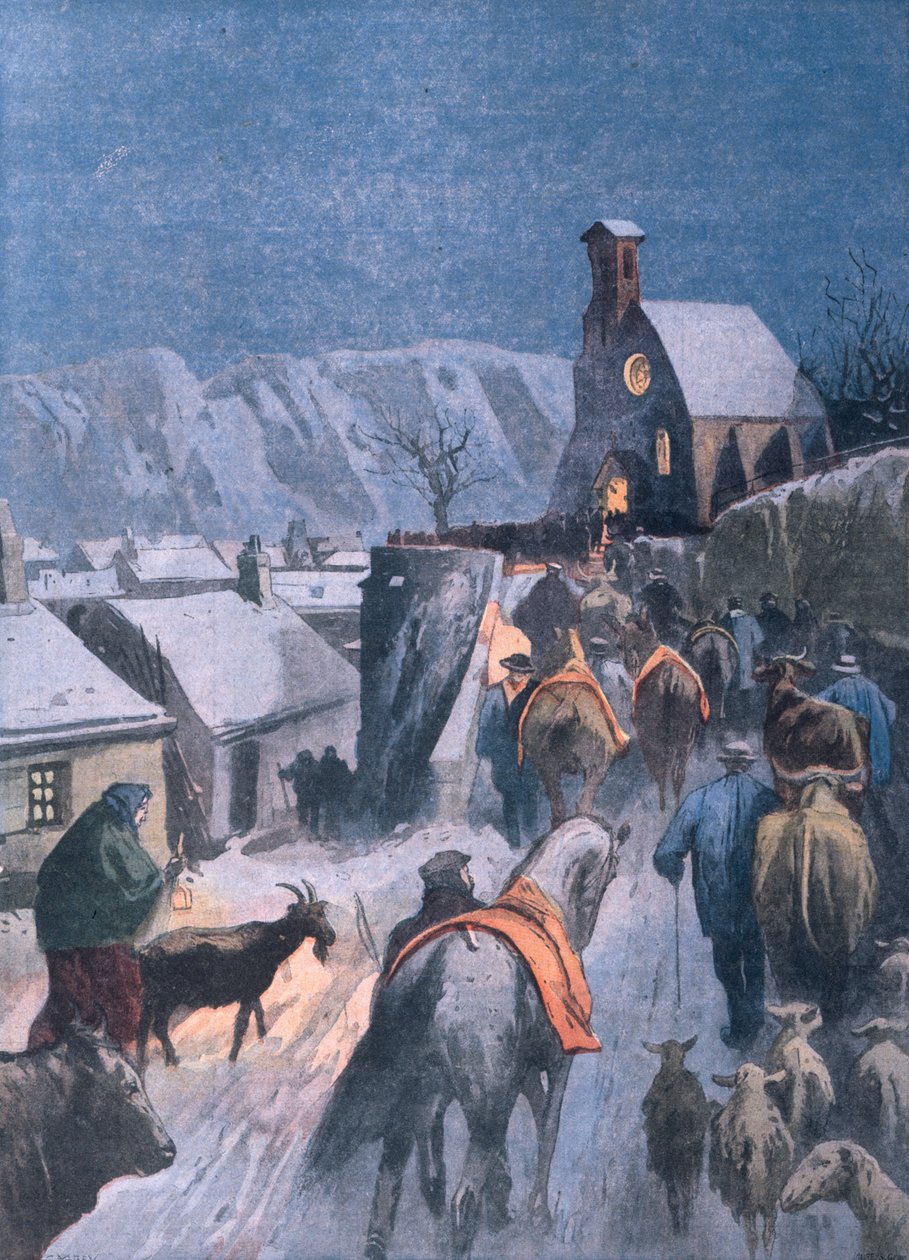 Natal animal no Cevennes, ilustração de Le Petit Parisien, 27 de dezembro de 1908 de French School