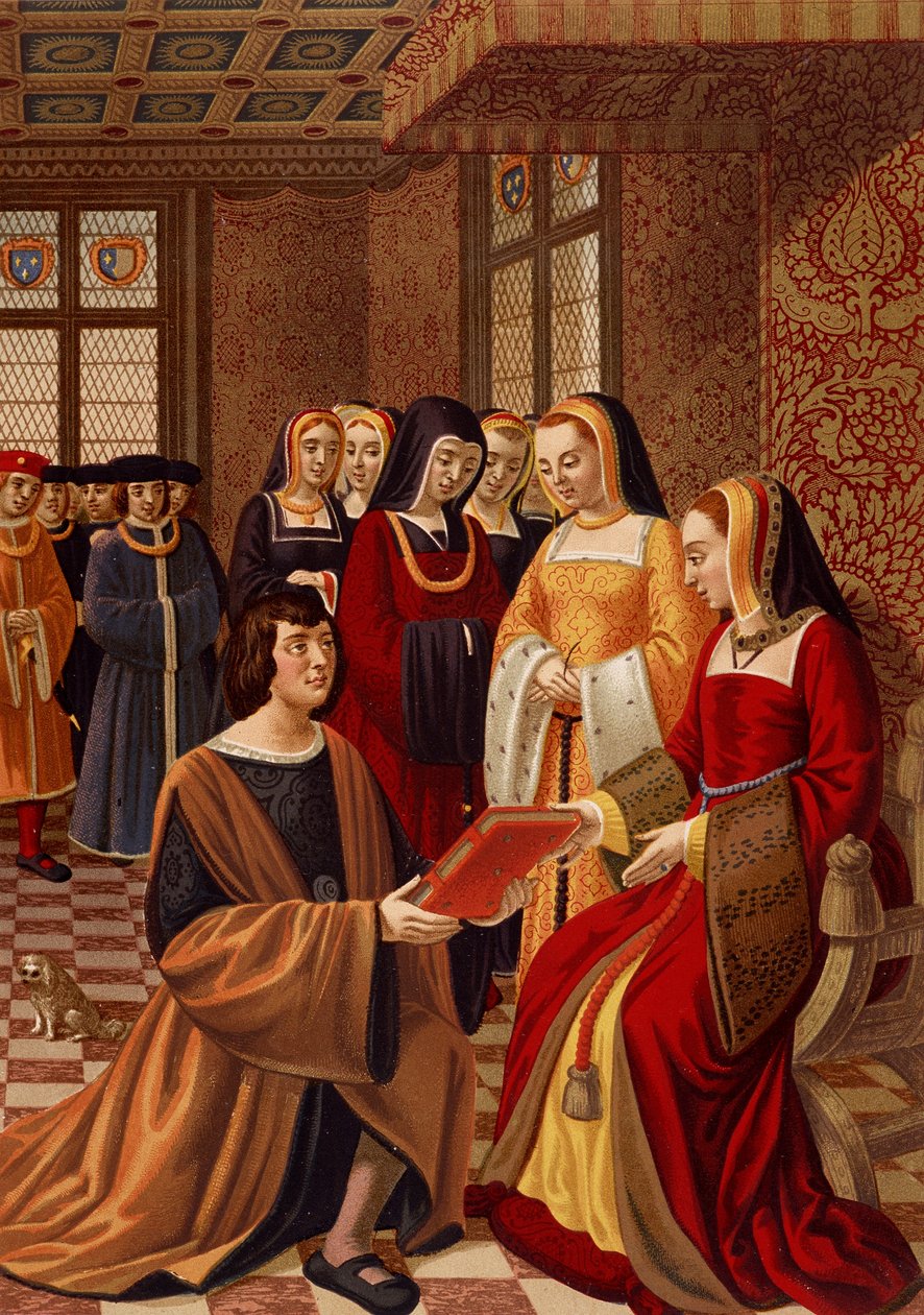 Ana da Bretanha (1477-1514) rodeada pelas suas damas de honra. Cromolitografia depois de uma miniatura do século XVI. Biblioteca de Arts Deco, Paris de French School