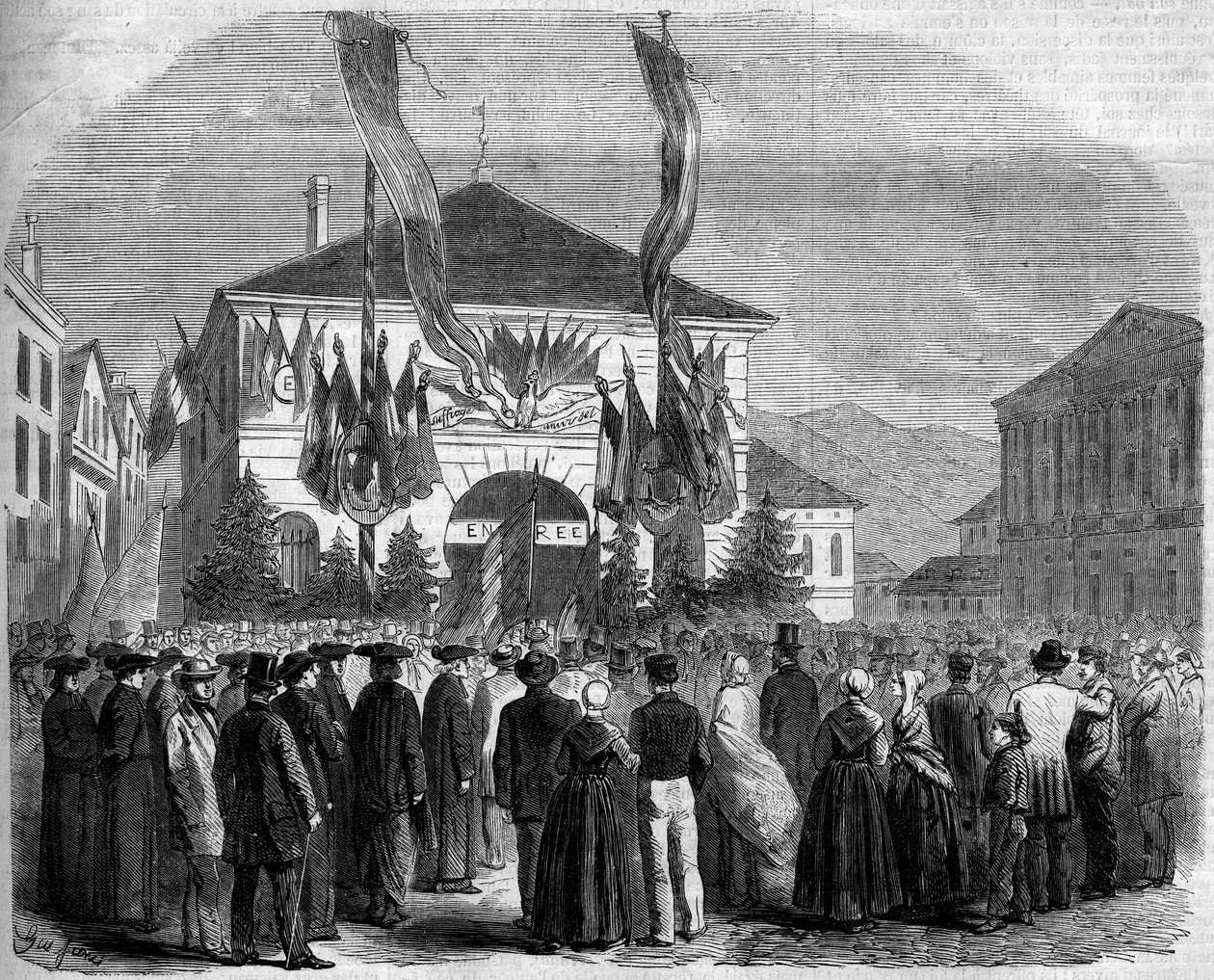 Anexação da Sabóia à França, Chambery, 22 de Abril de 1860: voto da população sobre a anexação da Sabóia à França. Gravura no "Le Monde Illustré" n°160 de 5 de Maio de 1860. de French School
