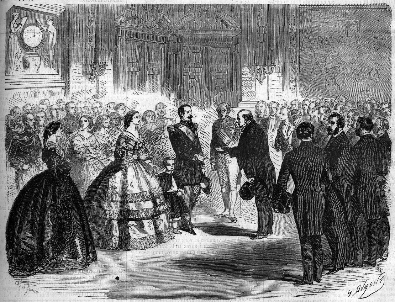 Anexação da Sabóia à França, Paris, 22 de Março de 1860: recepção de Amedee Greyfie de Bellecombe (1811-1879) e da Deputação da Sabóia pelo Imperador Napoleão III (1808-1873) e Impression Eugenie de Montijo (1826-1920) nas Tuileries. Gravura em "Le Mo de French School
