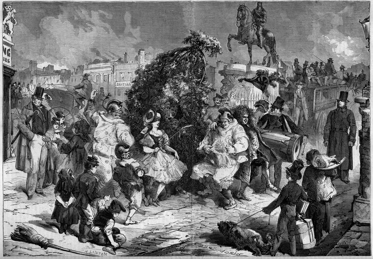 Festa anual de pequenas chaminés nas ruas de Londres, Inglaterra, Maio de 1860. Durante a dança que celebra a chegada da primavera, uma criança faz uma festa com os espectadores; Gravação no "Le Monde Illustré" n°160 de 12 de maio de 1860. de French School