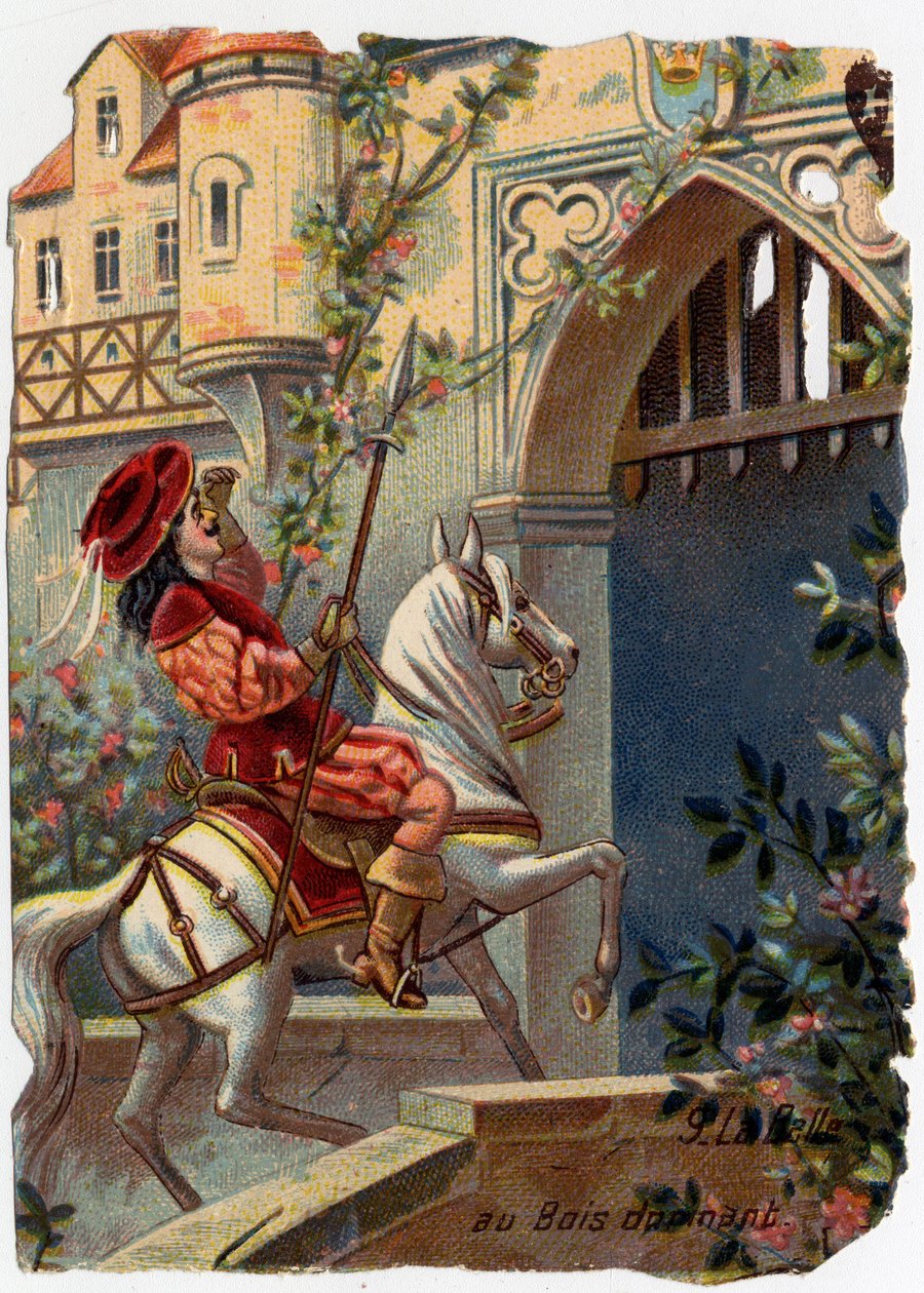 Ilustração anônima de "La belle au bois dormant", conto de Charles Perrault (1628-1703), escritor francês: "Após cem anos, o príncipe chegou ao portão do castelo..." Cromolitografia. de French School