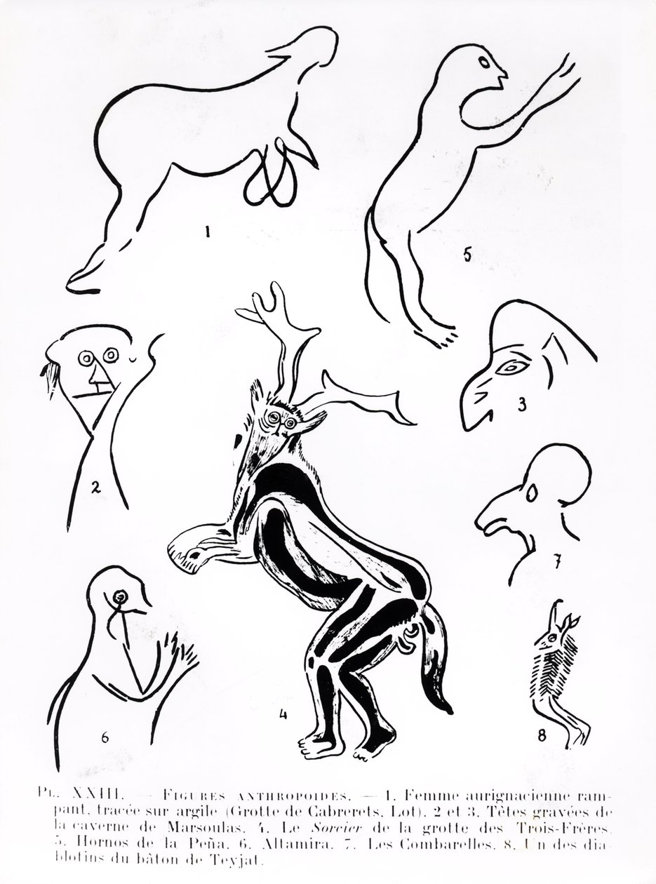 Figuras antropóides em cavernas pré-históricas, de Les Artistes Prehistoriques de Morin-Jean, 1933 de French School
