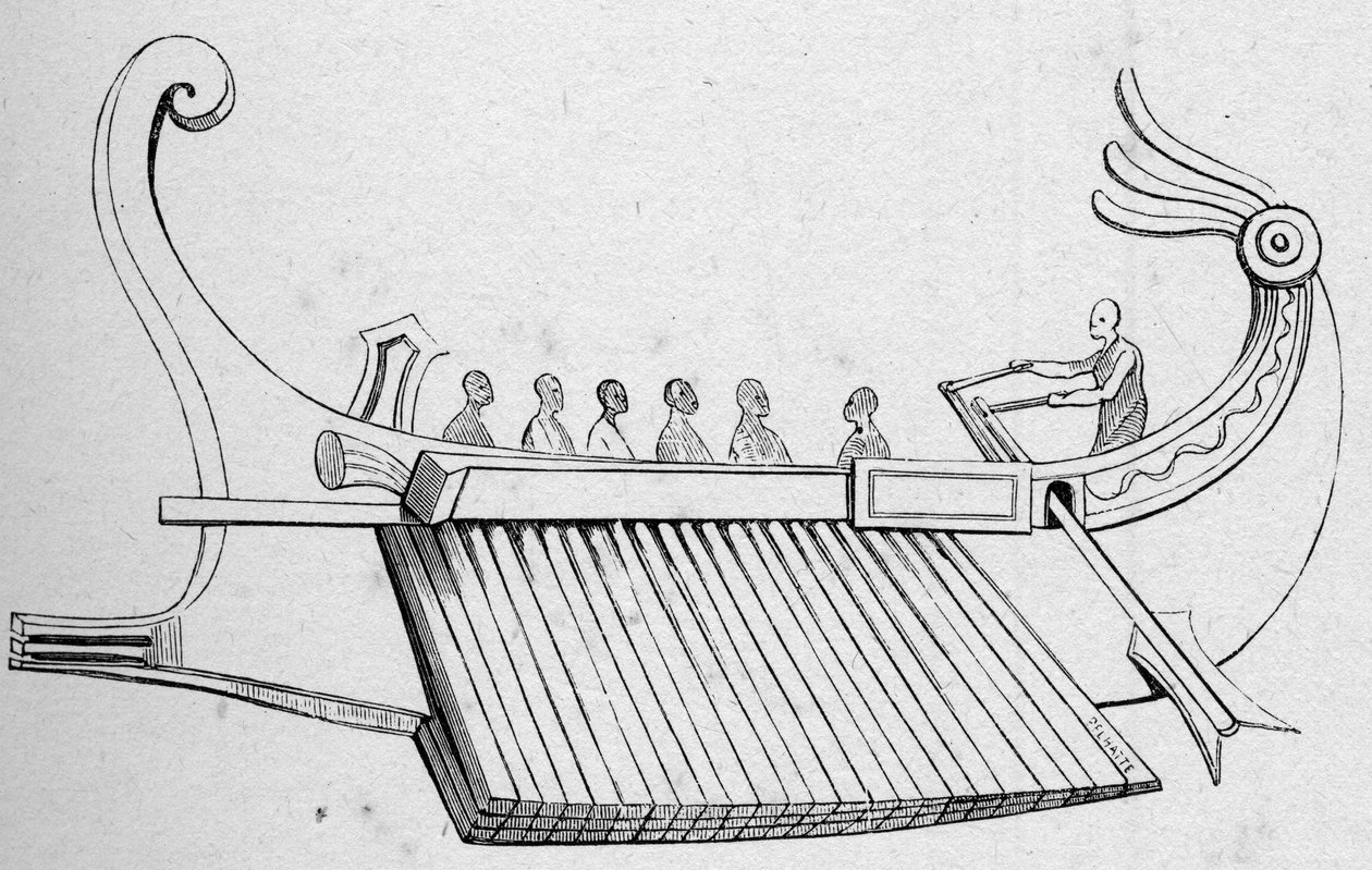 Antique Galere tem três filas de remo. Gravura em "La Marine et les colonies: comércio". de French School