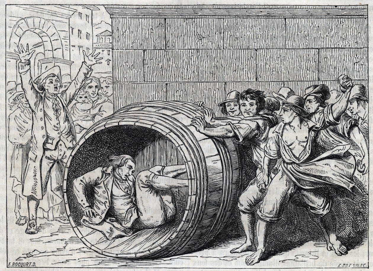 Perseguição anti-semita no século XVII: um judeu rola em um barril por habitantes de Roma. Ilustração de "Meo Patacca", poema de Giuseppe Berneri (1637-1700). Gravura de Bocourt. de French School
