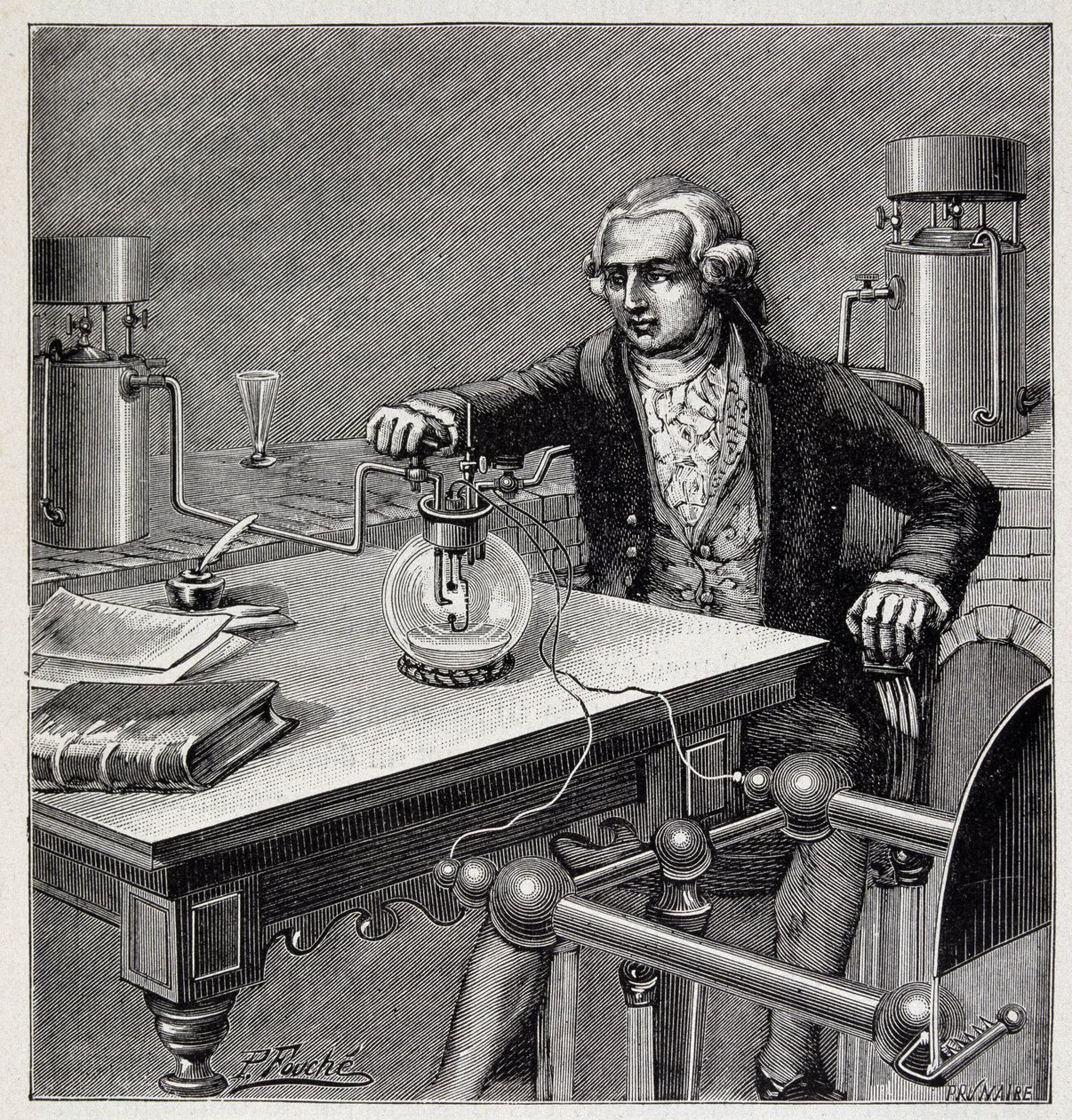 Antoine Laurent de Lavoisier (1743-1794) conduzindo uma experiência - em "Physique populaire" de Emile Desbeaux de French School