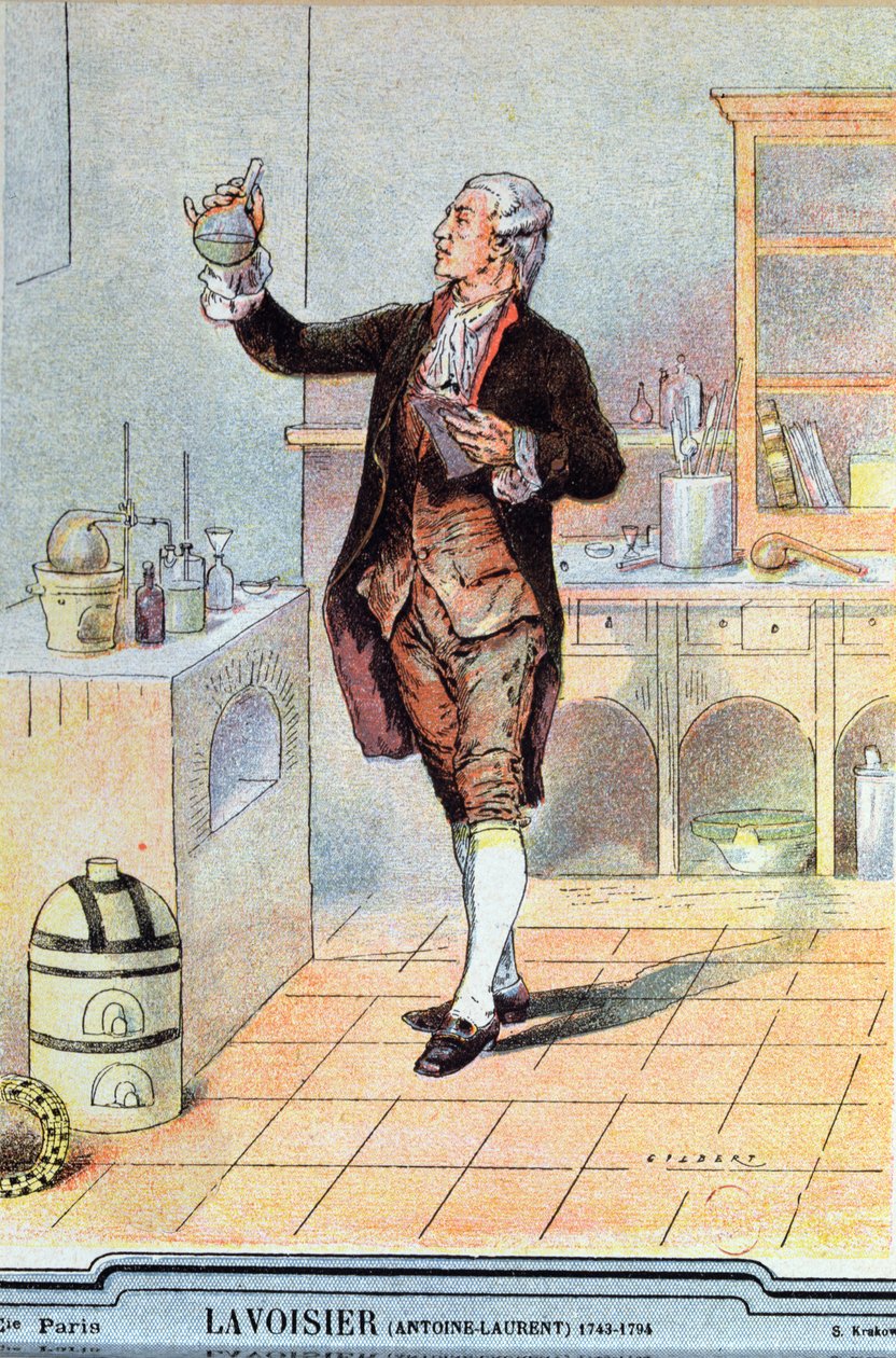 Antoine Laurent de Lavoisier (1743-94) ilustração de um livro escolar, c. de French School