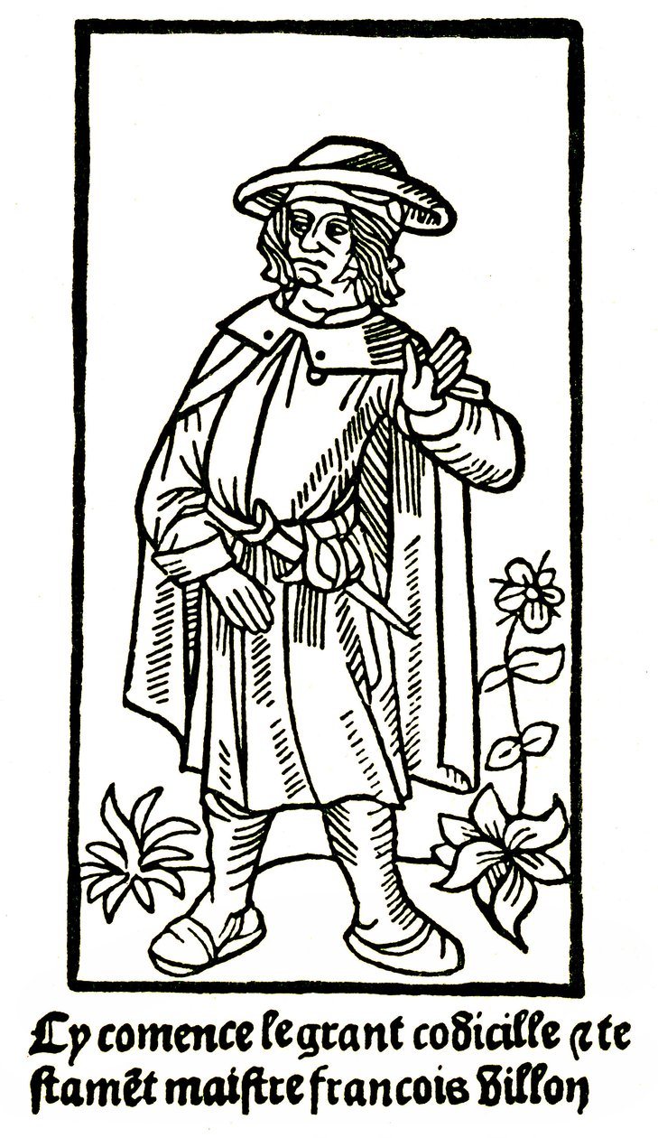 Retrato apócrifo do poeta François Villon em "O Grande Testamento" - "Cy comence le grant codicille & testamet maistre François Villon"". (aqui começa o grand codicille et testament) edição P Levet 1489 (xilogravura) de French School