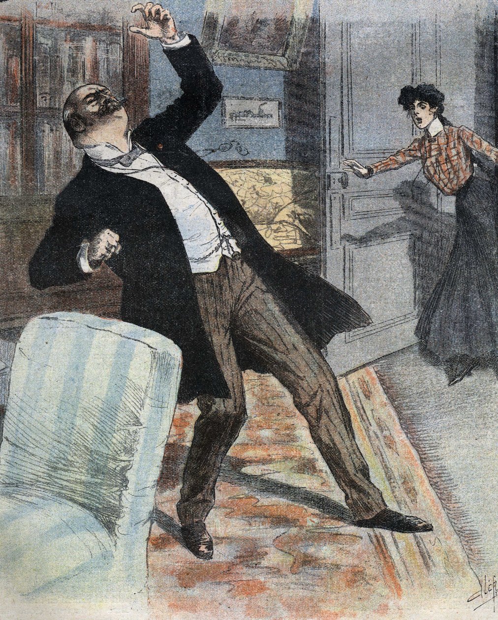 Ataque de apoplexia (cessação súbita da actividade cerebral devido a um acidente de circulação sanguínea no cérebro). Ilustração do final do século XIX para o romance "gogosse" de Max Villemer. de French School