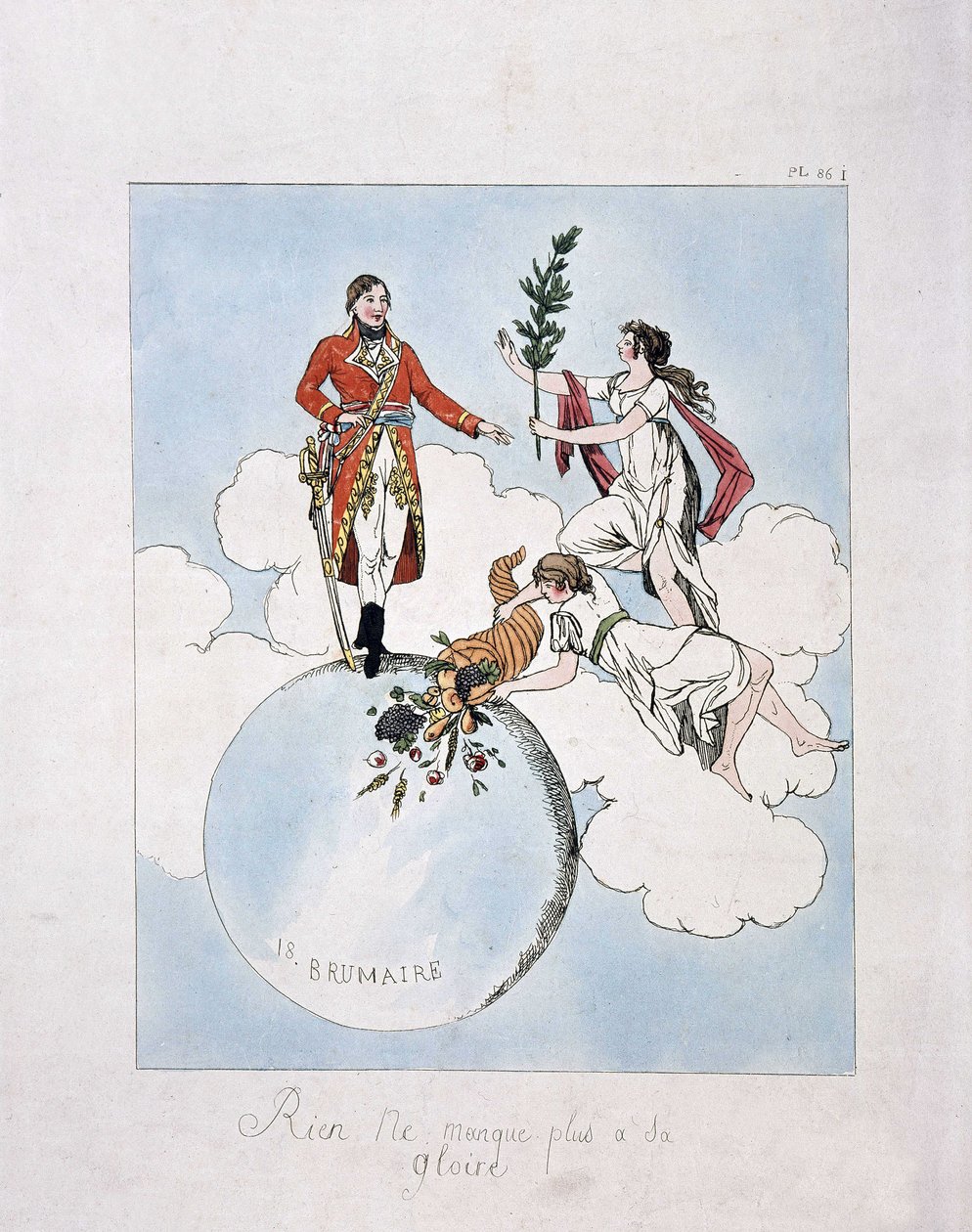 Apoteose de Napoleão-Bonaparte durante o golpe de estado de 18 brumaire ano VIII (9.11.1799). (ninfas apresentando-lhe louro e chifre de abundância) de French School