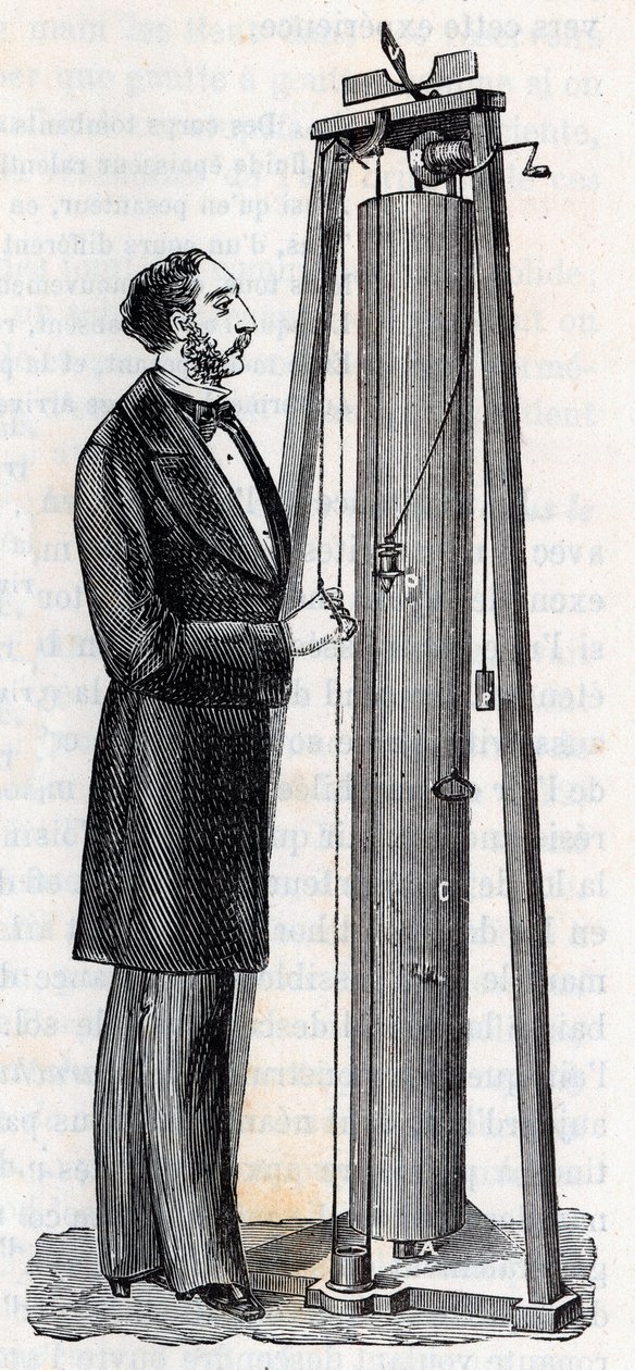 Aparelho de Arthur Jules Morin (1795-1880) para o estudo da queda dos corpos - Gravura em "Ciências trazidas às graças de todos - Física e química popular" por Alexis Clerc - Final do século XIX - Coleção privada de French School