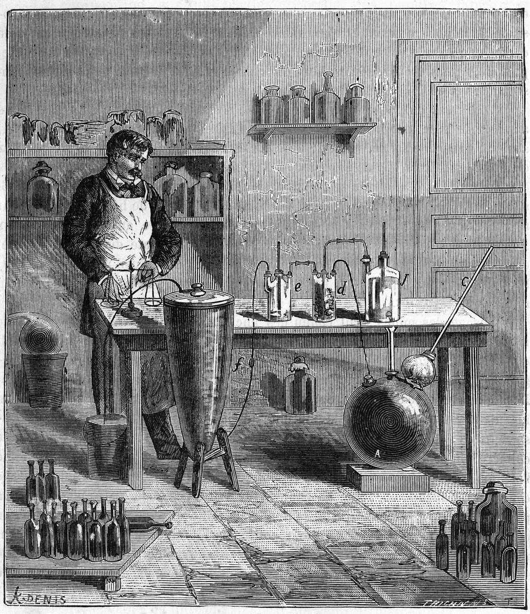 Apparatus de Eugene SOUBEIRAN (1797-1858) para a preparação de bicarbonato de sódio - Gravura em "Ciências trazidas às graças de todos - Física e química popular" de Alexis Clerc - Final do século XIX - Coleção particular de French School