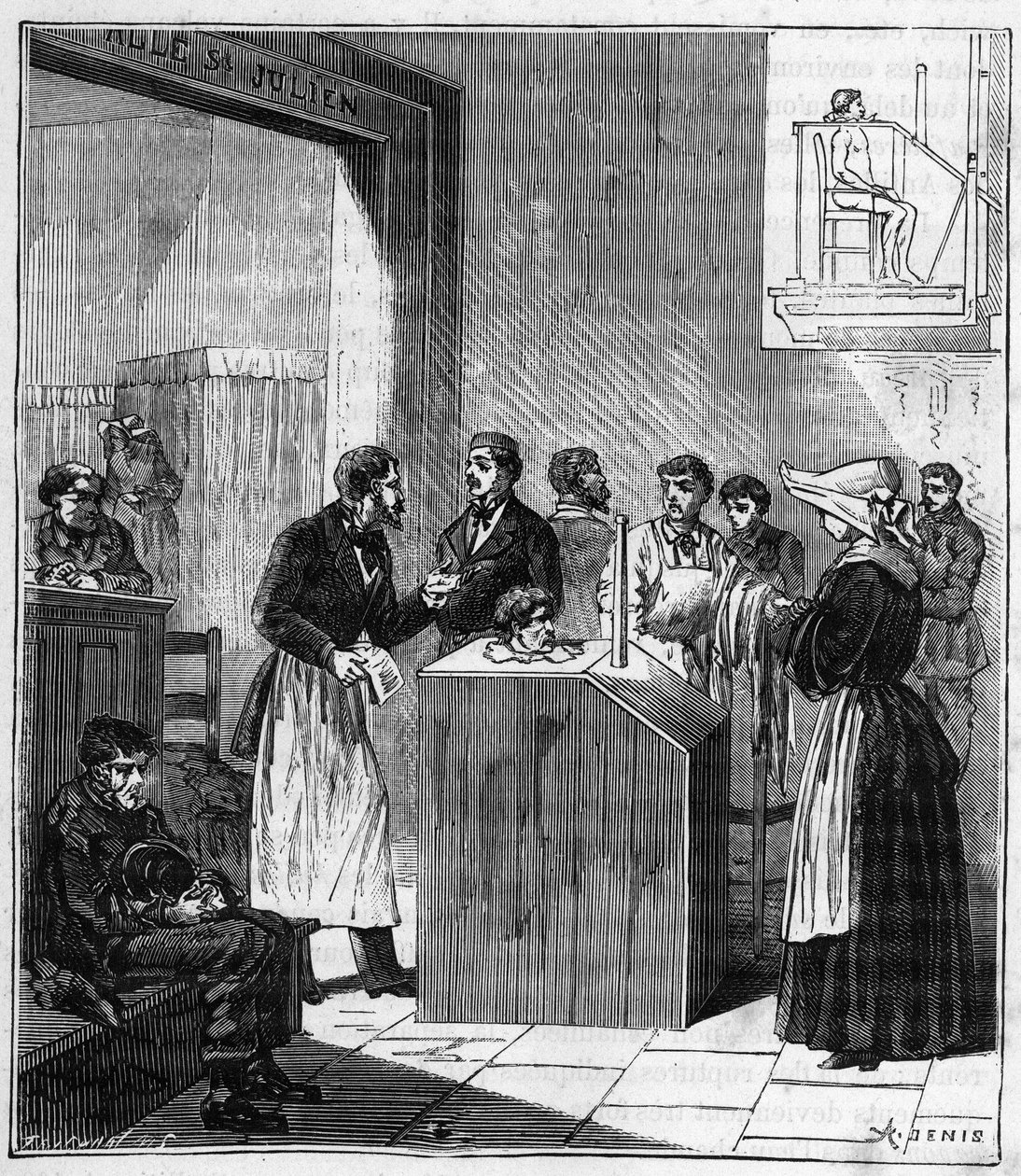Aparelho usado nos hospitais de Paris no final do século XIX para a guerra da sarna pelo enxofre - Gravura em "Ciências trazidas às graças de todos - física e química" por Alexis Clerc - Fim do século XIX - Coleção particular de French School