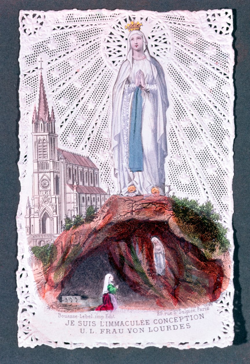 Aparição de Nossa Senhora de Lourdes, gravada por Bouasse-Lebel, c.1867 (gravura a cores sobre papel de renda) de French School