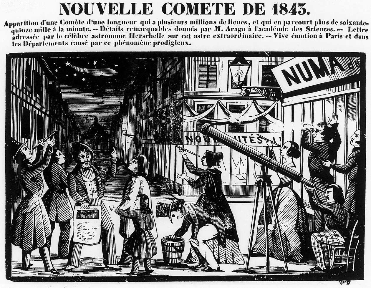 Aparecimento de um cometa em Paris em 1843 - gravura de French School