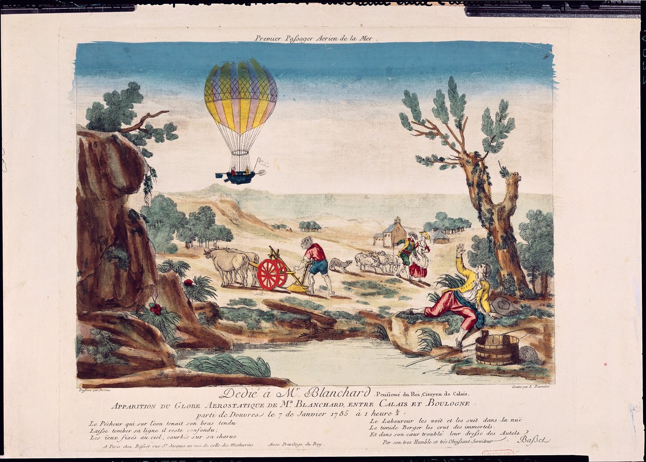 Aparecimento do Balão de Ar Quente de Jean Pierre Blanchard (1753-1809) entre Calais e Boulogne, 1785 de French School