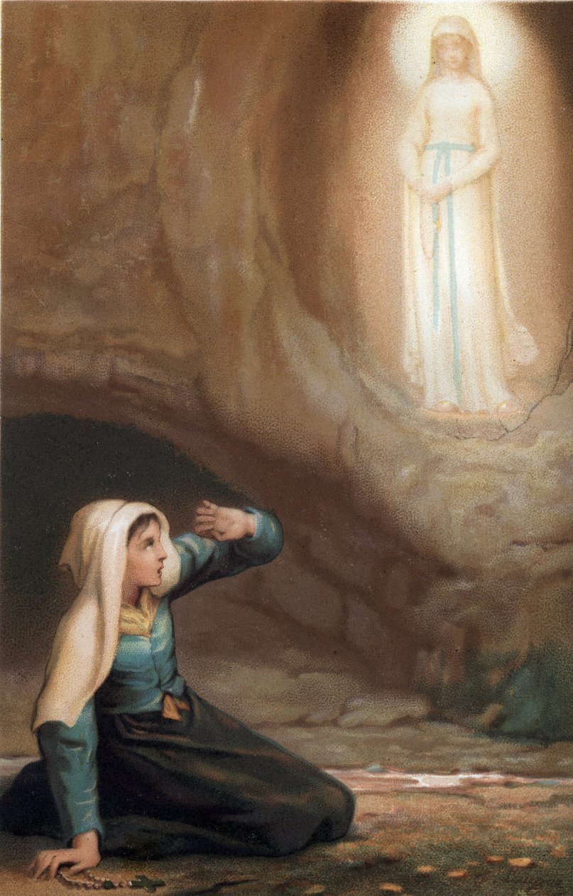 Aparição da Virgem Maria a Bernadette Soubirous (1844-1879) na gruta de Lourdes, Pirineus de Hautes (65) de French School