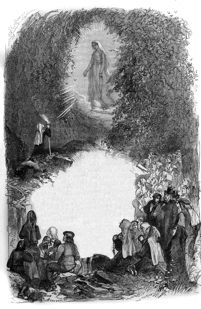 Aparição da Virgem Maria a Bernadette Soubirous (1844-1879) na gruta de Lourdes, Pirineus de Hautes (65) de French School