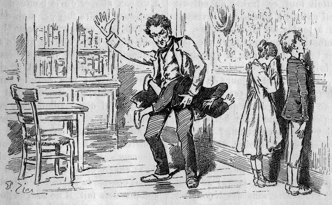 A aplicação de castigo por um professor a um aluno dissipa-se num penitenciário. Gravura na ilustre revista "La jeunesse". de French School