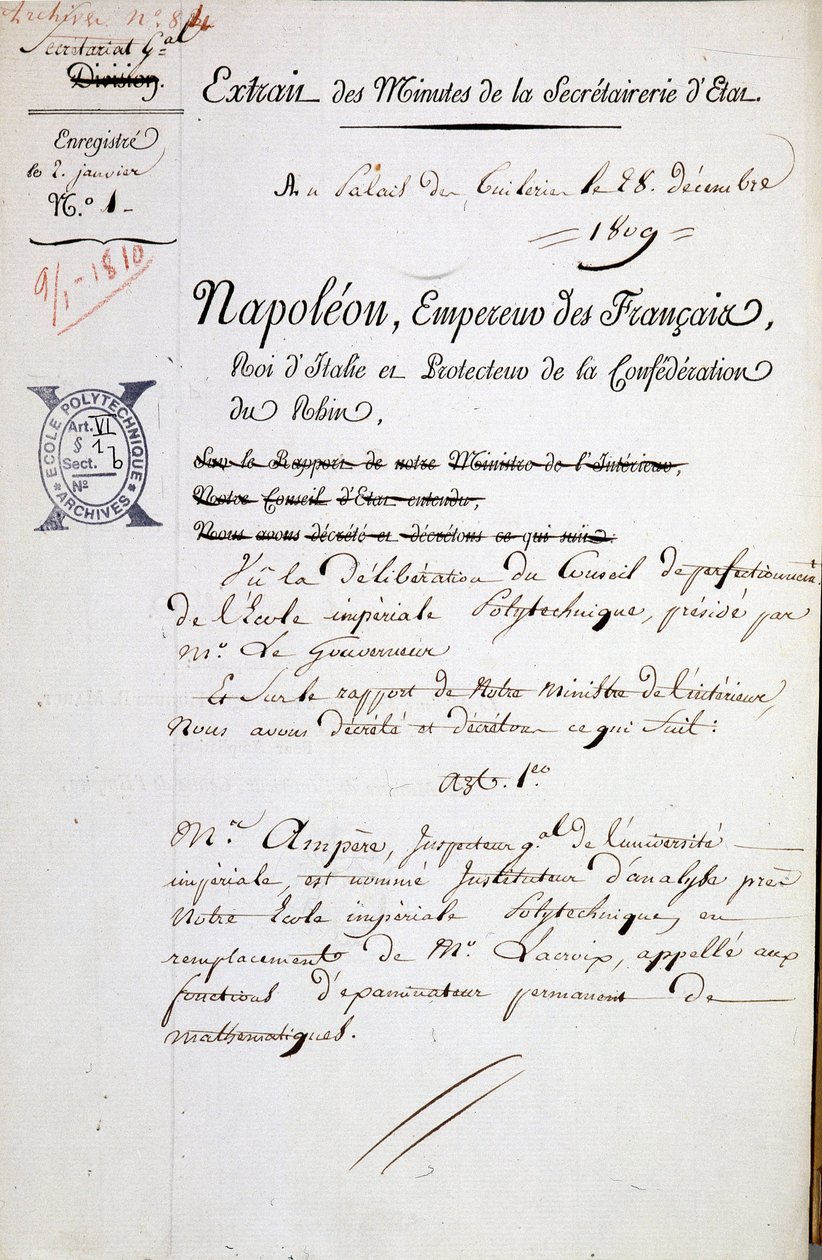 Nomeação por Napoleão de André Marie Ampère como inspector da Polytechnique - Menção Obrigatória: Arquivos da Bibl. de l