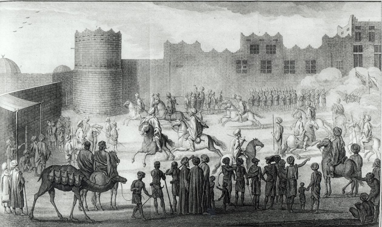 Arab Fighters Exercising no Iêmen, da Description of Arabia, feita com base em observações e opiniões coletadas nos mesmos lugares por Carsten Niebuhr, publicado em 1774 de French School