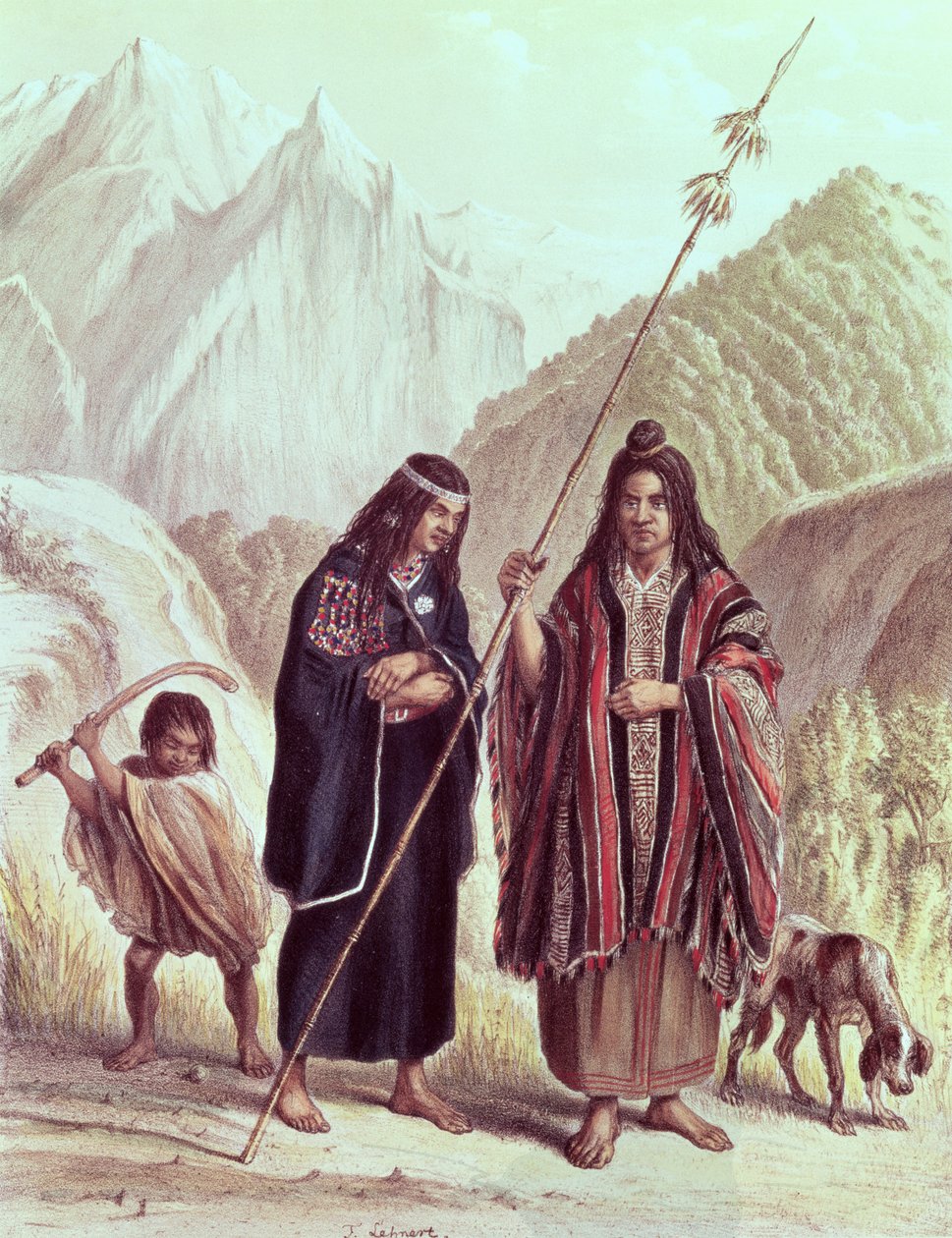 Índios araucanos, ilustração de &39;Historia de Chile&39; de Claudio Gay, gravada por F. Lehnert de French School