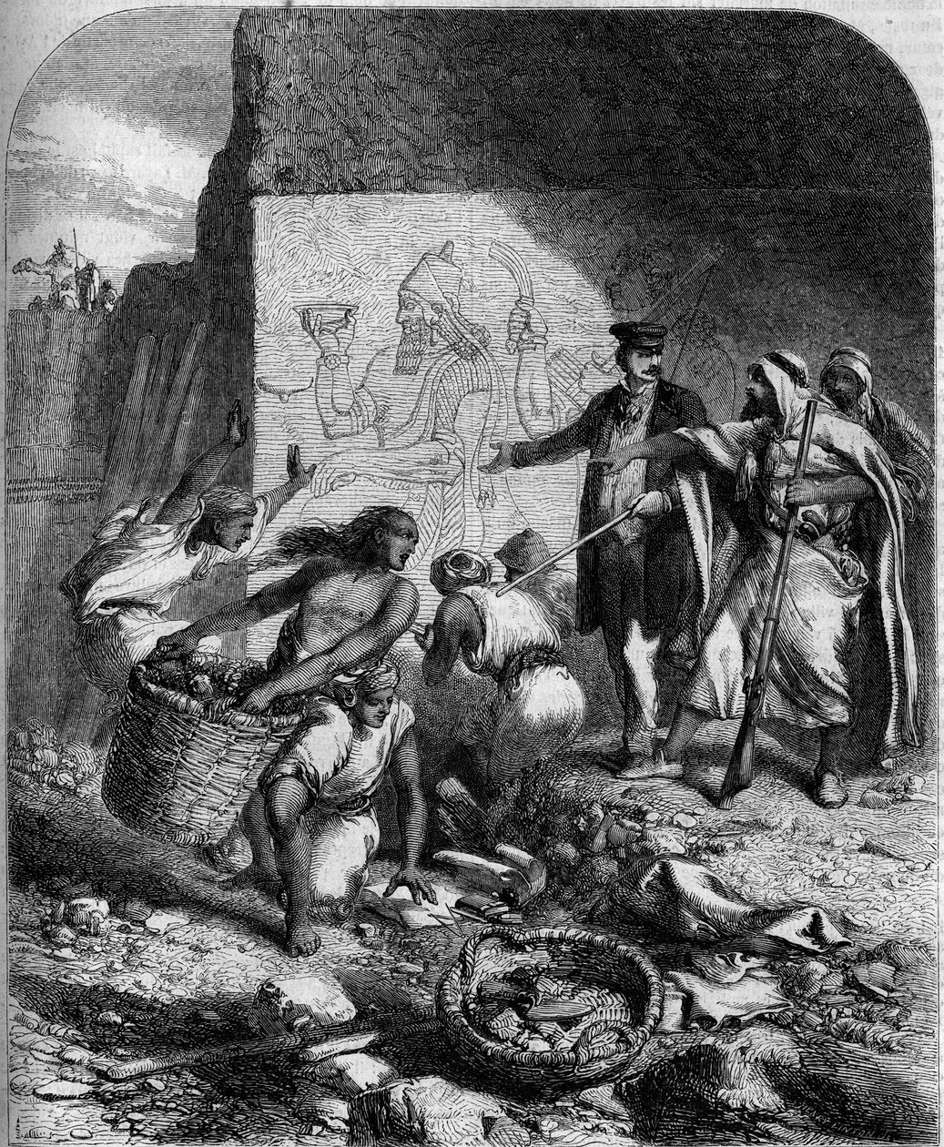 Escavações arqueológicas: descobertos baixos relevos assírios em Nemroud (Ásia Menor) pelo arqueólogo inglês Austen Henri Layard de French School