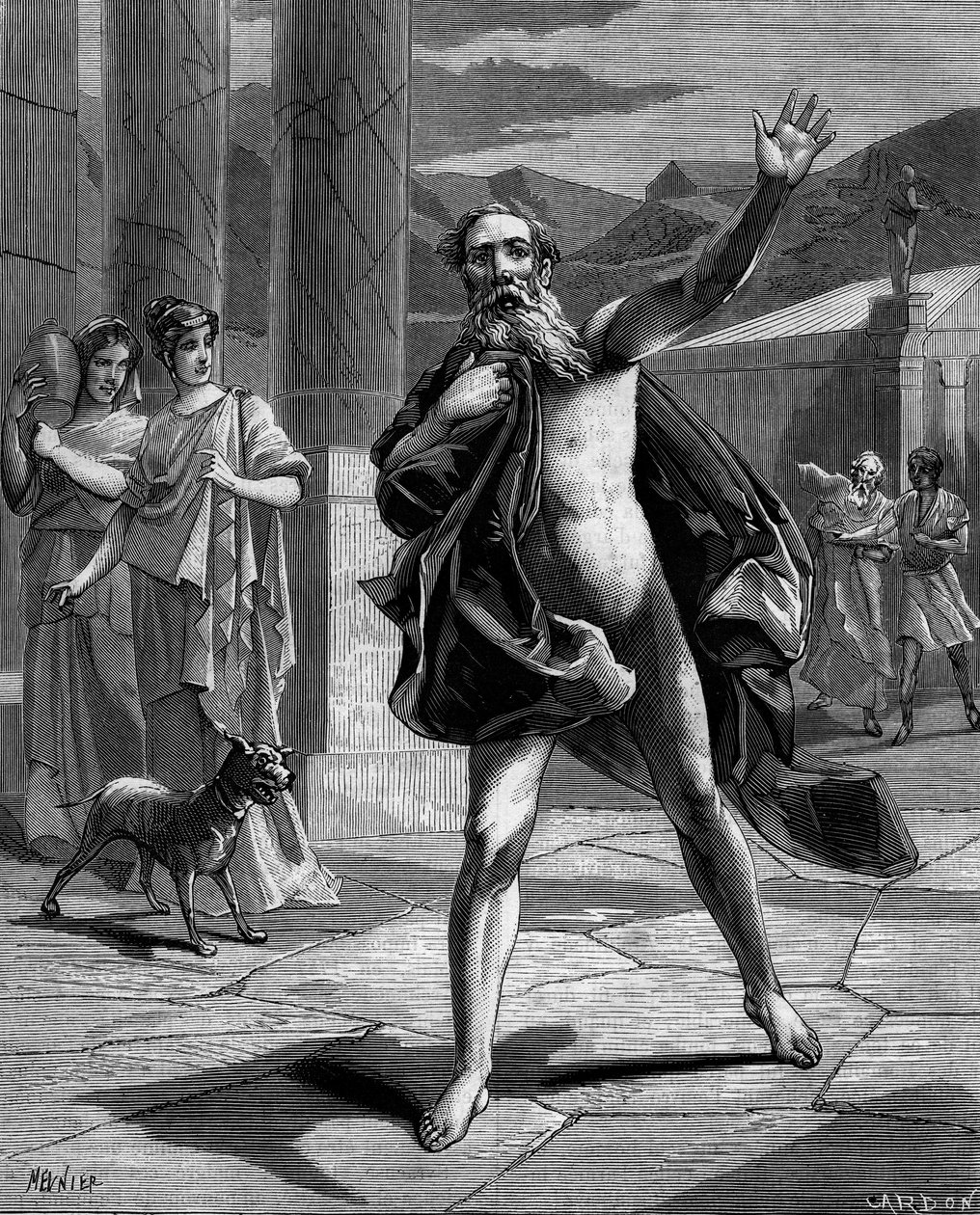 Archimede: ele precipitou-se pelas ruas gritando "Eureka, eureka! "(encontrei, encontrei) em "Histoire populaire des sciences, inventions et discoveries from the first centuries to the present day" de Bitard Adolphe 1880. de French School
