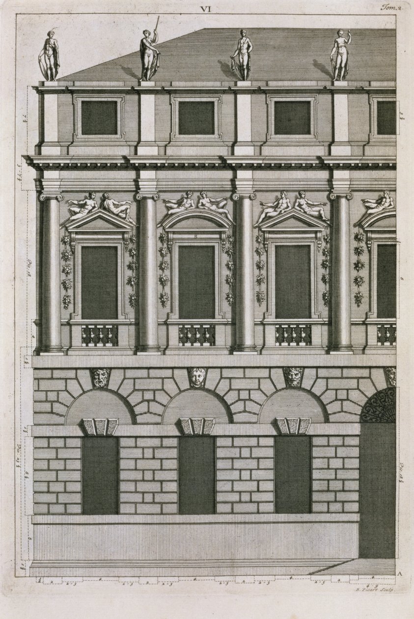 Projeto arquitetônico demonstrando proporções palladianas, gravadas por Bernard Picart (1673-1733) c.1716 de French School