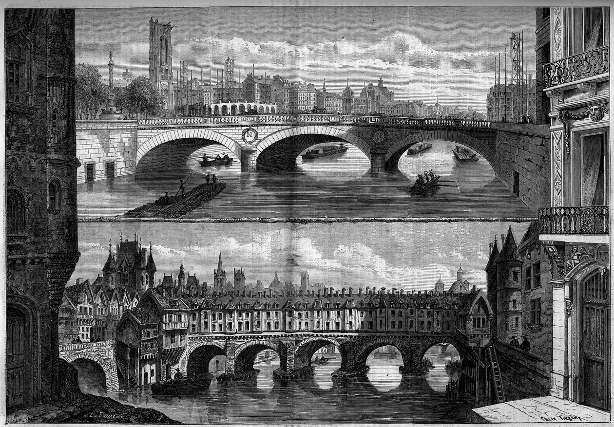Arquitetura, Paris: vistas da velha ponte au Change (1639-1647) em 1660 e da nova ponte construída em 1860. Gravura em "Le Monde Illustré" n°184 de 20 de Outubro de 1860. de French School