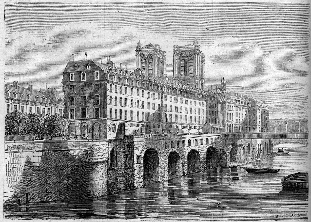 Arquitectura: vista exterior do Hotel Dieu na Ile de la Cite, em Paris, antes da sua demolição. Vista tirada do Quai de la Tournelle em 1859. Gravura no "Le Monde Illustré" n°136 de 19 de Novembro de 1859. de French School