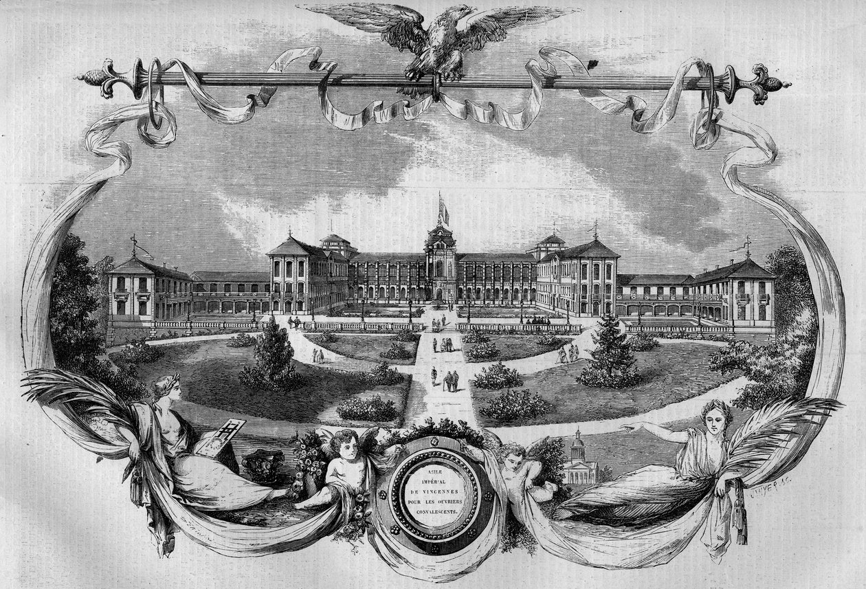 Arquitetura: fachada do hospital conhecido como "Asilo Imperial de Vincennes" para trabalhadores convalescentes inaugurado em 1857. Hoje é chamado "Hospital Nacional de São Maurício", São Maurício (94). Gravura no "Le Monde Illustré" n°20 de 29 de Agosto 1 de French School