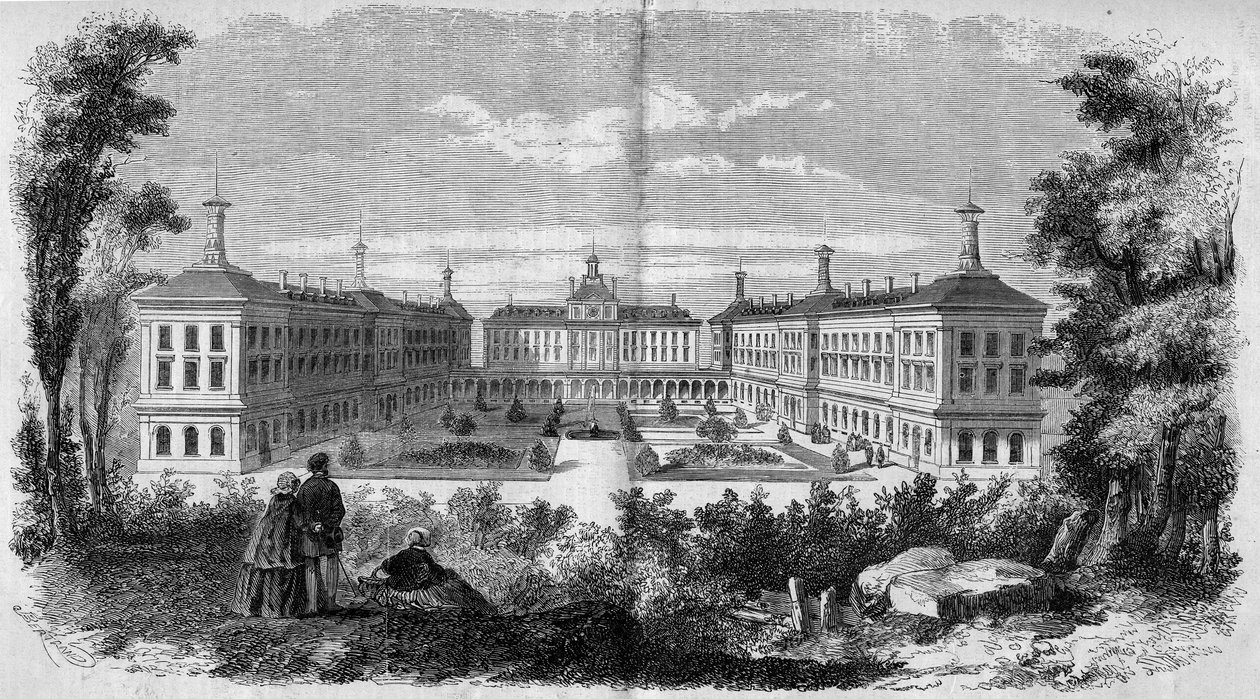 Arquitetura: visão geral do hospital militar de Vincennes (1858). Gravura em "Le Monde Illustré" n°61 de 12 de Junho de 1858. de French School