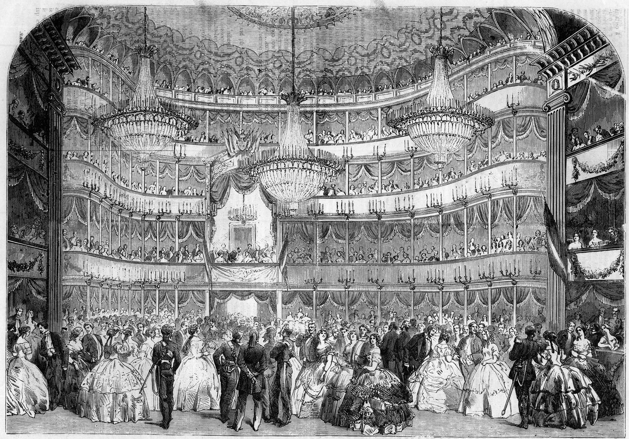 Arquitectura: vista interior do Teatro Real (século XIX) em Nice (Alpes Marítimos, 06), em 1858, durante o baile de caridade da Sociedade Francesa de Assistência, sob o patrocínio da Grã-Duquesa de Baden, Stephanie de Bauharnais (1789-18 de French School