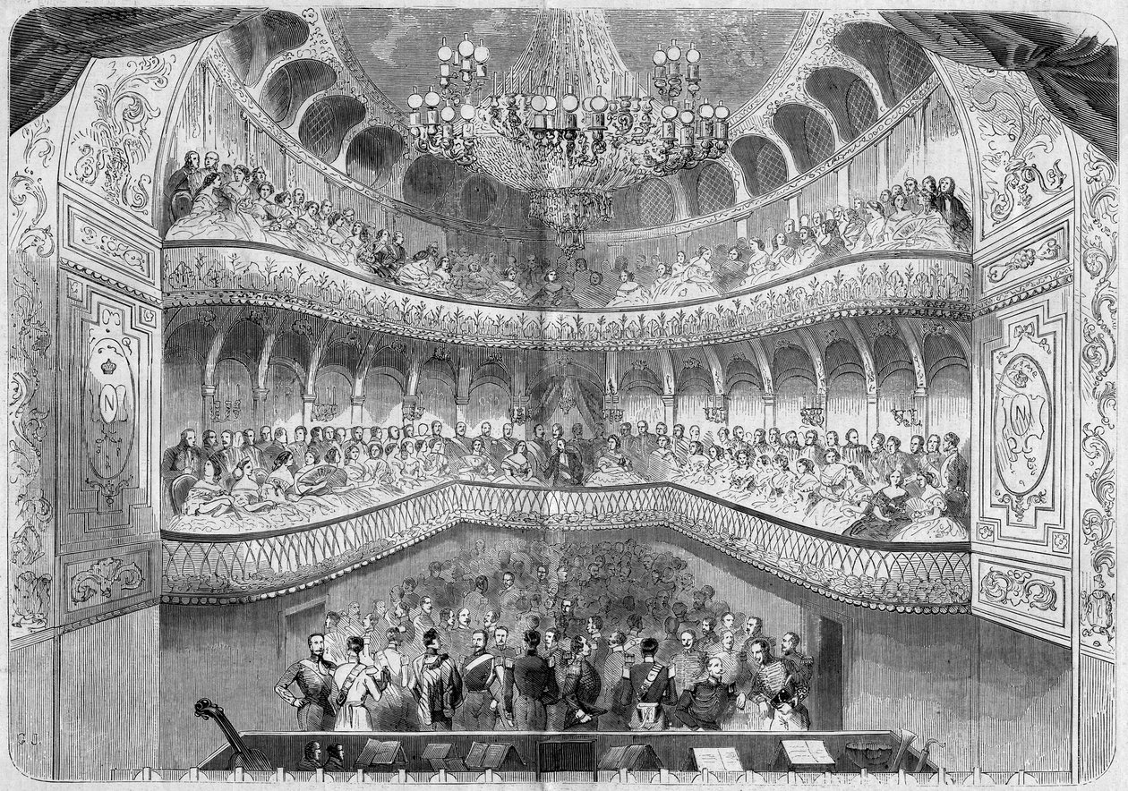 Arquitectura: vista interior do teatro (século XVIII) do palácio de Fontainebleau. Gravura em "Le Monde Illustré" n°61 de 12 de Junho de 1858. de French School