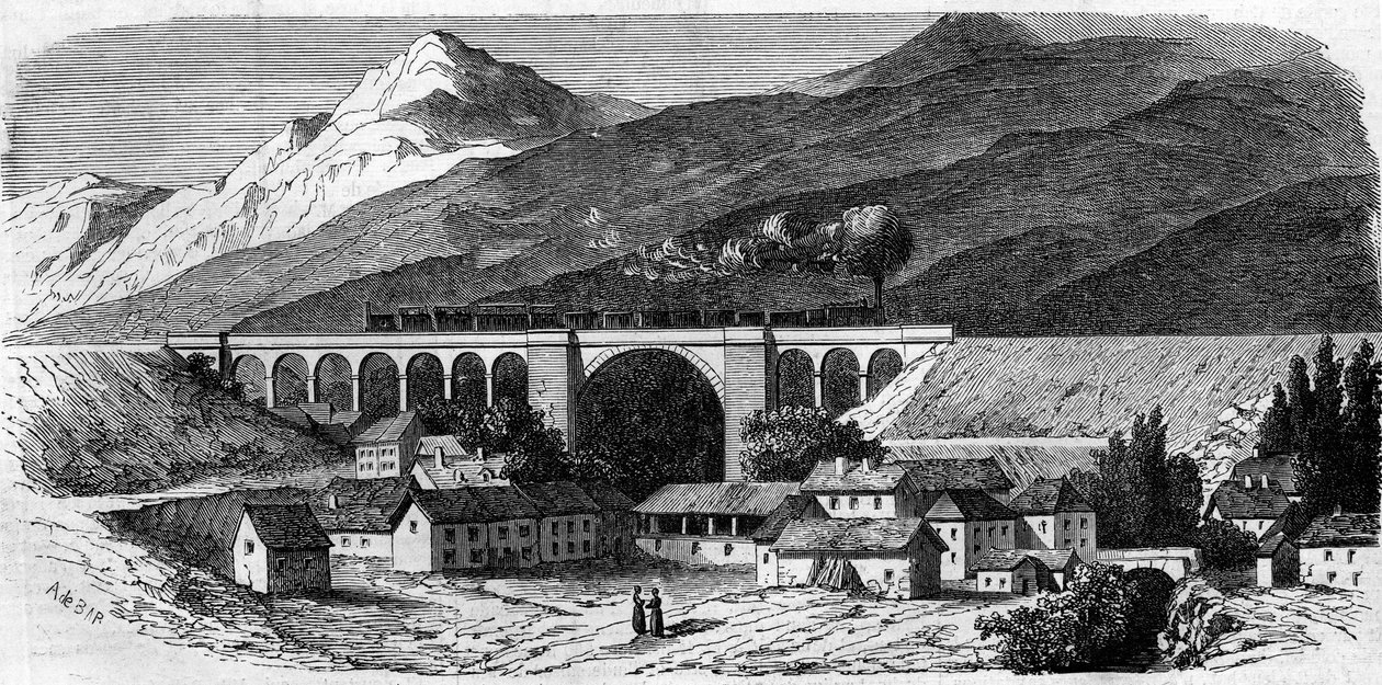 Arquitectura: vista do viaduto de Bellegarde (Rhone Alpes) na linha ferroviária que liga Lyon a Genebra. 1858. Gravura no "Le Monde Illustré" n°49 de 20 de Março de 1858. de French School