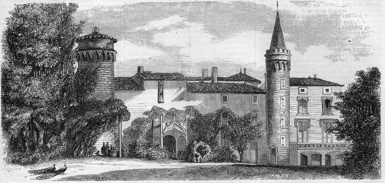 Arquitectura: vista do castelo de Saint Point (Saint-Point) (século XIII), residência de Alphonse de Lamartine. Saone e Loire (71). Gravura em "Le Monde Illustré" n°29 de 31 de Outubro de 1857. de French School