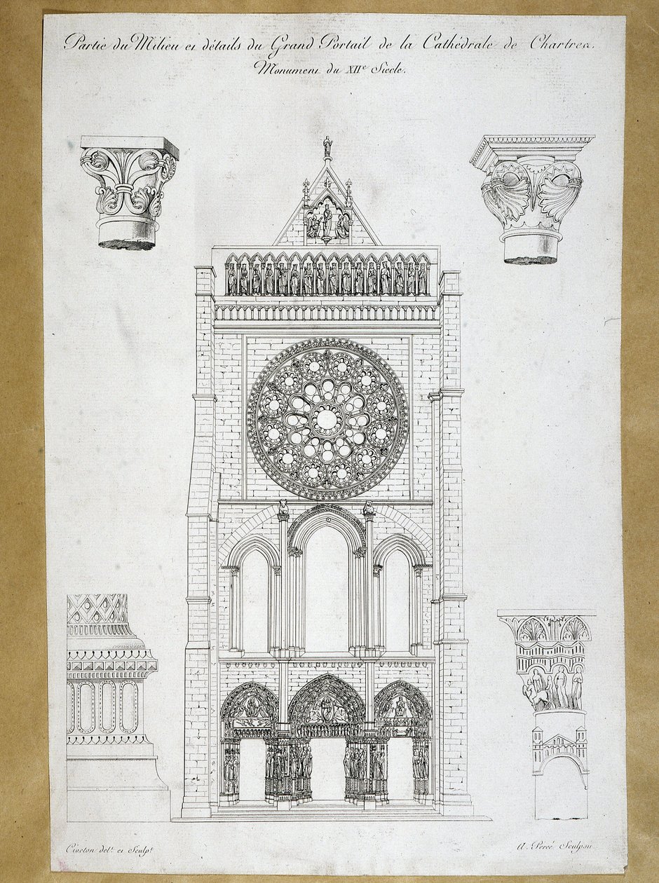 Arquitetura: vista do grande portal da Catedral de Chartres - Monumento da Placa do século XII do século XIX de French School