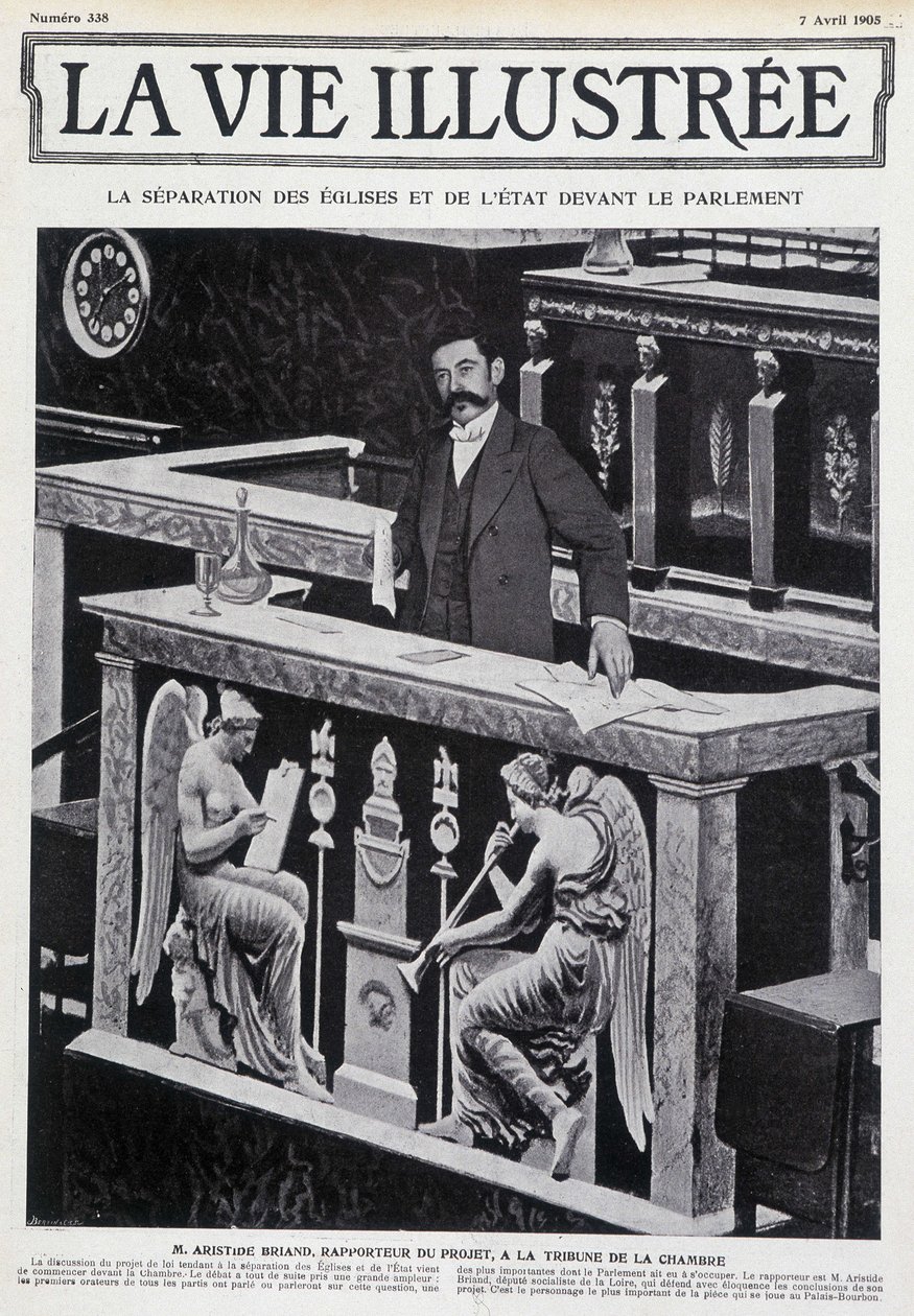 Aristide Briand na Bancada da Câmara (separação da Igreja e do Estado) - em "La Vie Illustrée" de 07/04/1905. de French School