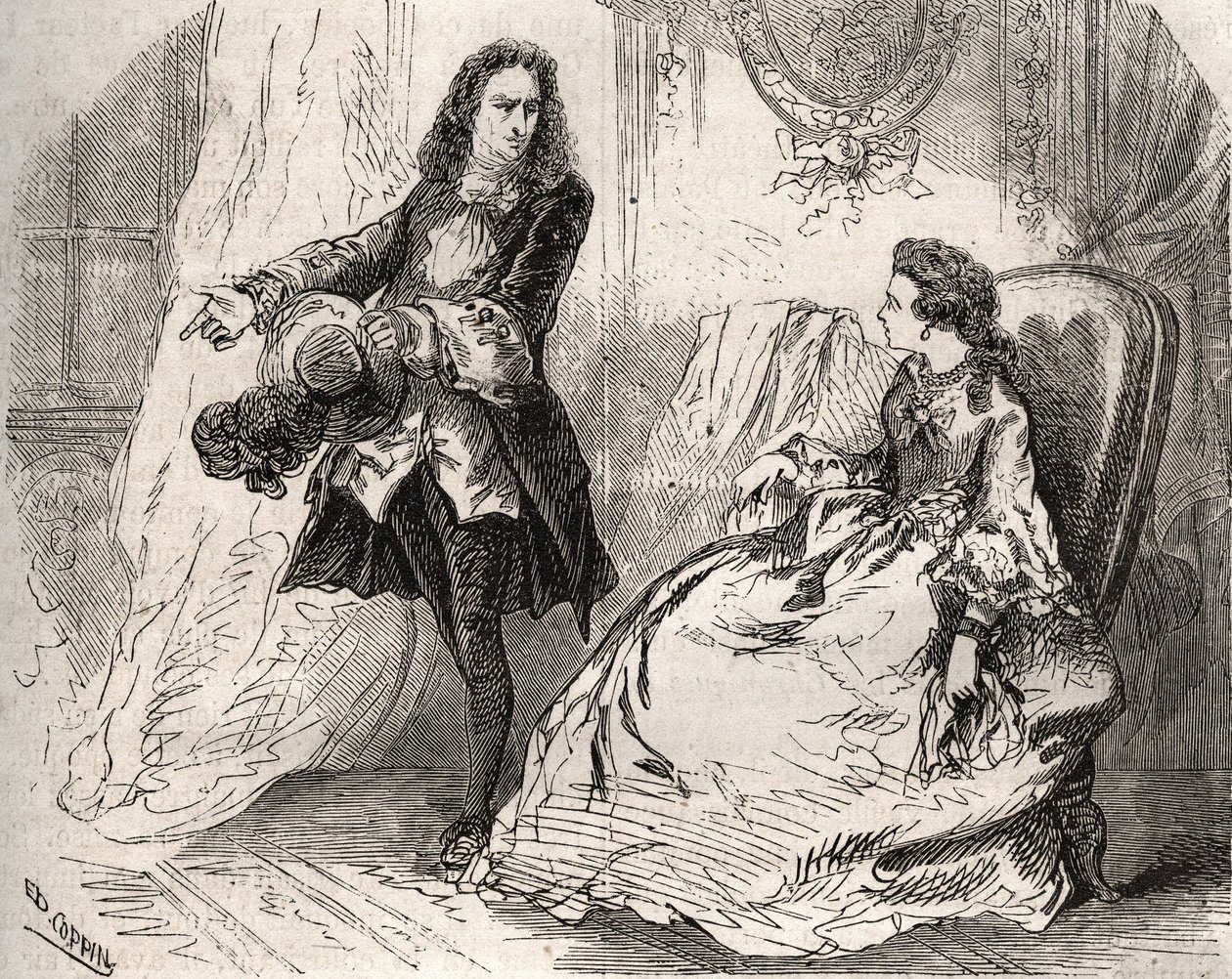 Armande Bejart (1641-1700), esposa de Jean Baptiste Poquelin dit Moliere (1622-1673) com seu amante, o Conde de Guiche, Gravura de 1871 no "Histoire Des Cocus Celebres" de Henry de Kock (1819-1892). de French School