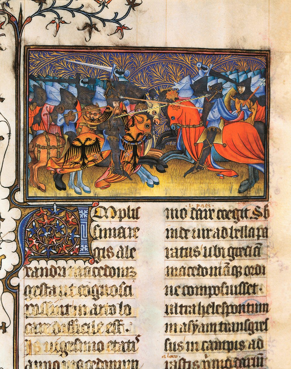 Armee fighter. Miniatura extraída do manuscrito de Francesco Petrarca ou Petrarca (1304-1374) italiano erudito, poeta e humanista, De Viris Illustribus, 23rv. Biblioteca da Universidade de Valência. de French School