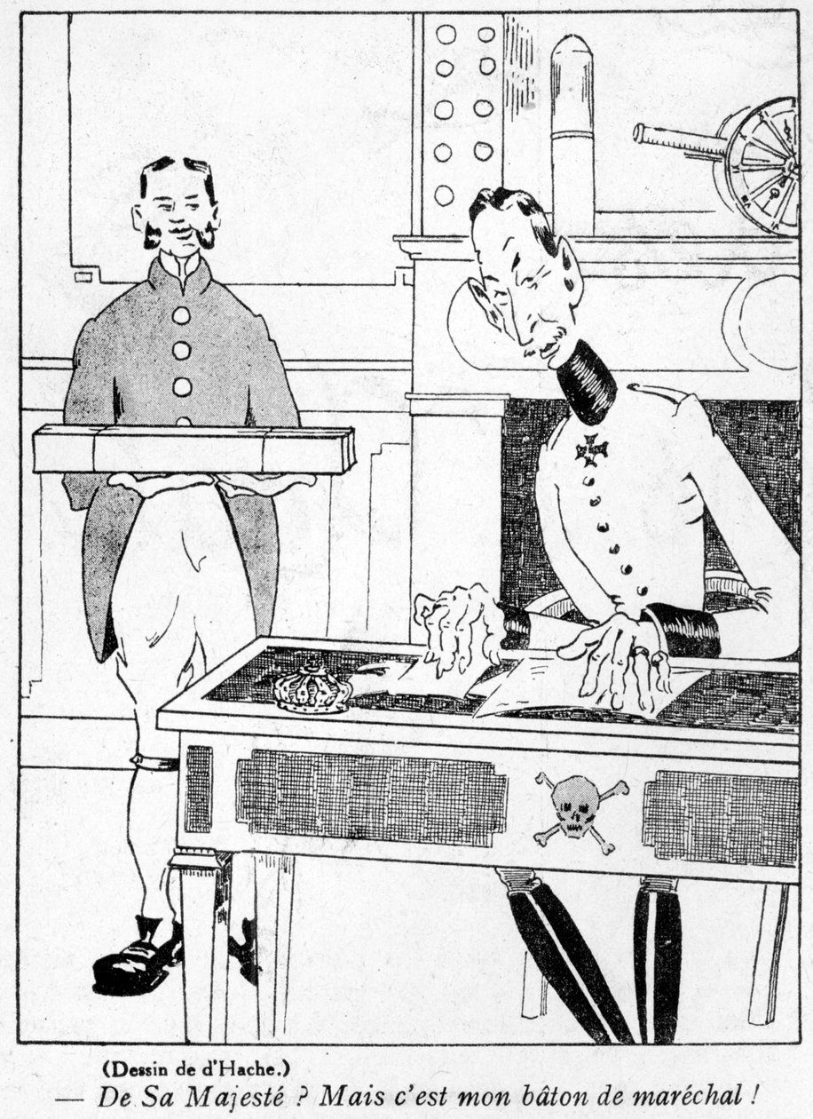 Oficial do exército recebendo um bastão dos marechais do Kaiser, desenho animado da edição de abril da revista La Baionette, em 29 de março de 1917. de French School
