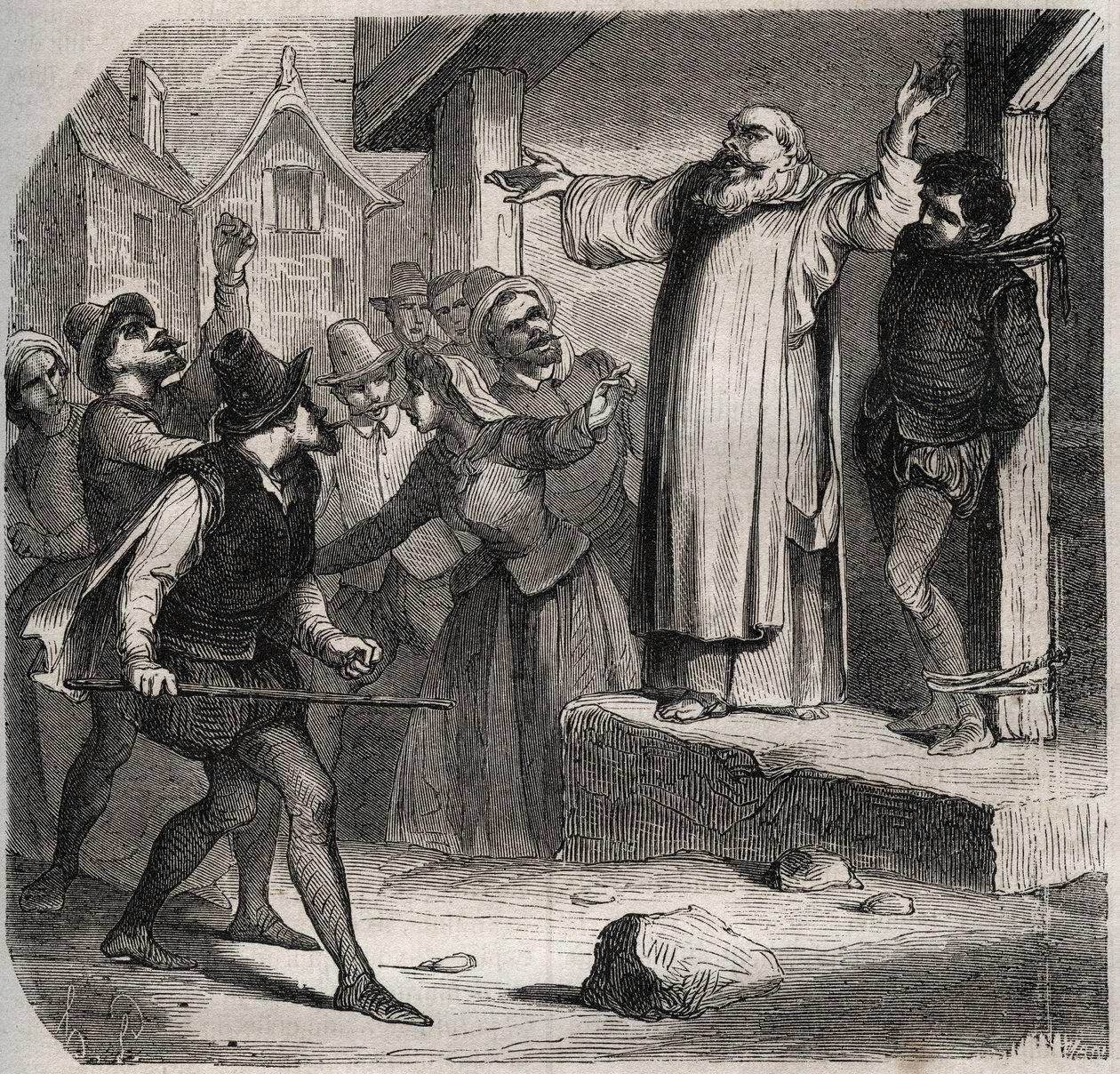 Arnaud du Tilh (Thil) está preso a uma forca e sujeito aos insultos da multidão antes da sua execução por usurpar a identidade de Martin Guerre (cerca de 1524 por volta de 1560). Gravura de 1871 em "Histoire Des Cocuses Celebres" de Henry de Kock (181 de French School