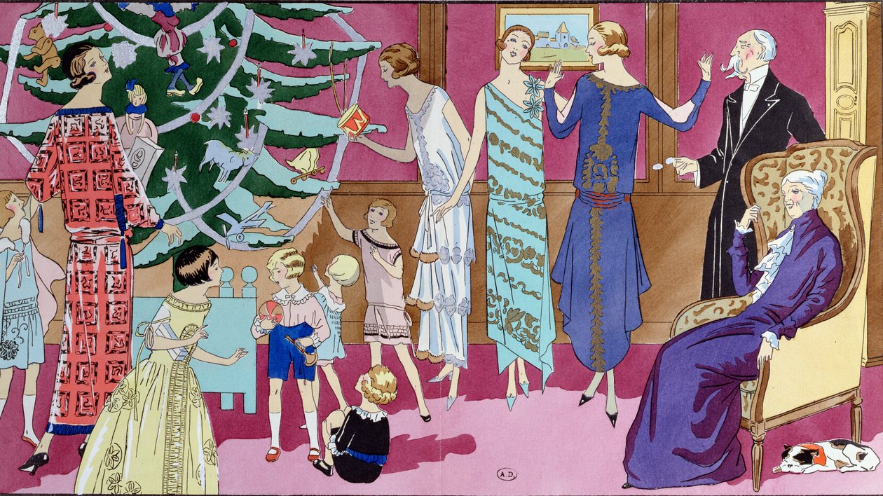 Around the Christmas Tree, placa de moda da revista Art Gout Beaute, dezembro de 1923 de French School