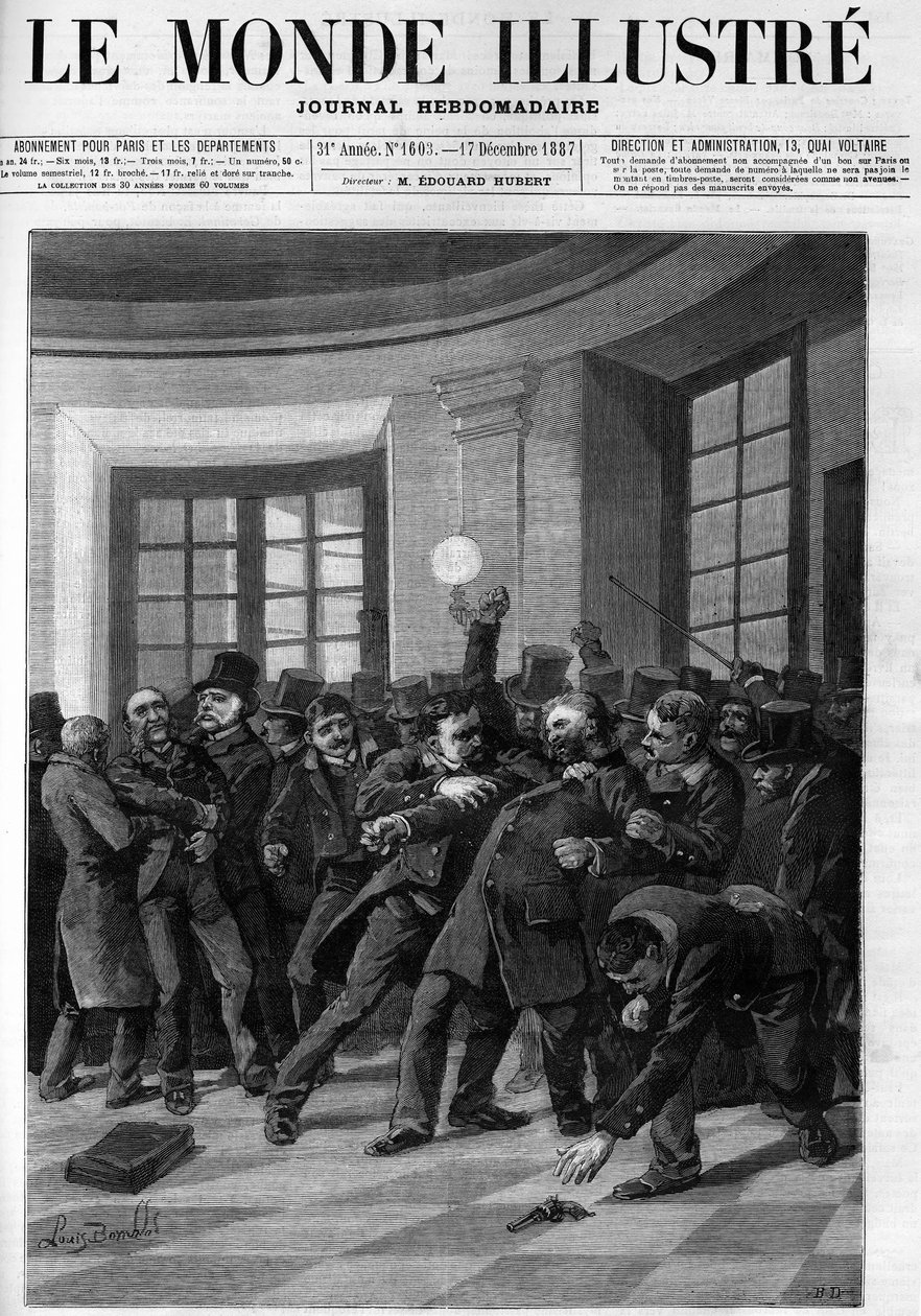 Prisão de Aubertin após sua tentativa de ataque a Jules Ferry no Palais Bourbon, em 1887. Capa do "The Illustrious World" de 1887. de French School