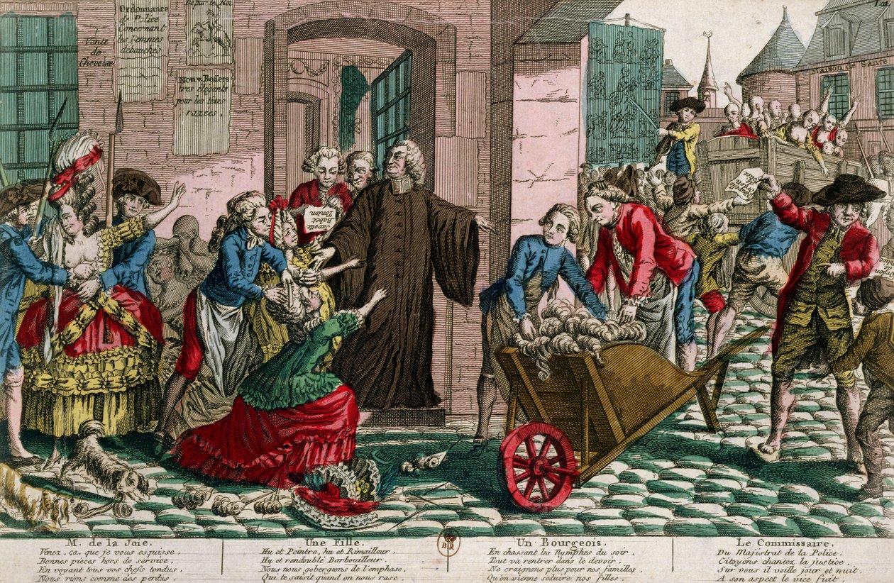 Detenção de prostitutas pela polícia em Paris, c.1759 (gravação a cores) de French School