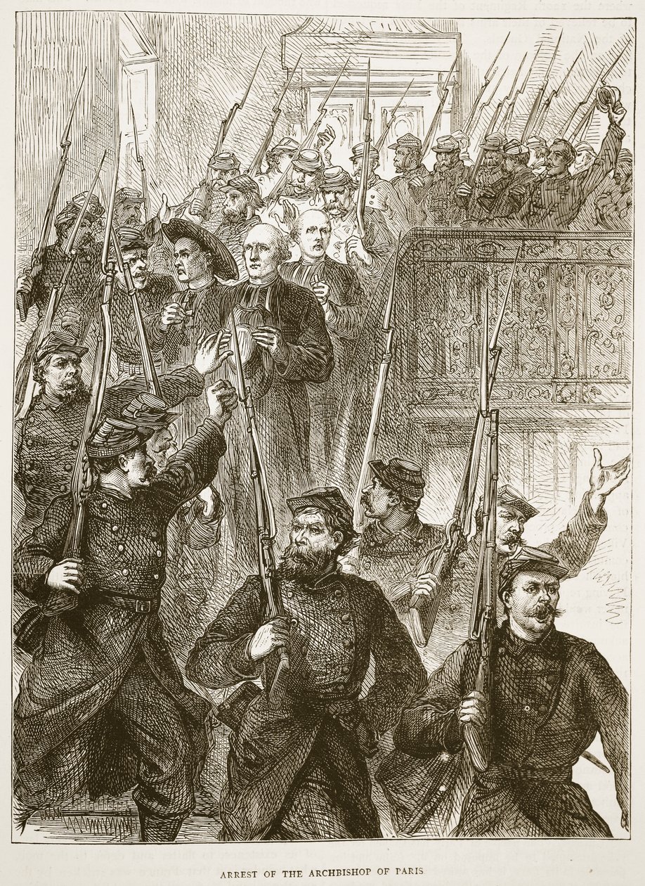 Detenção do Arcebispo de Paris, em março de 1871, ilustração de Cassells História da Guerra entre a França e a Alemanha, 1870-1871 de French School